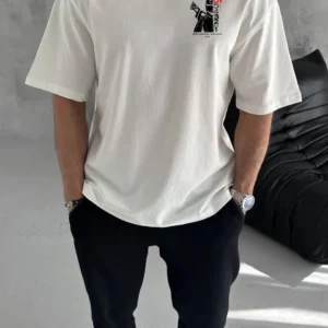 Unisex Bisiklet Yaka Baskılı Oversize T-Shirt - Beyaz