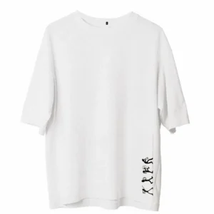 Unisex Bisiklet Yaka Baskılı Oversize T-Shirt - Beyaz