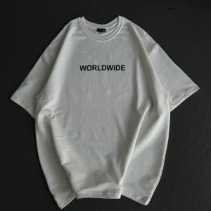 Unisex Bisiklet Yaka Baskılı Oversize T-Shirt - Beyaz