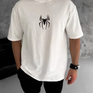 Unisex Bisiklet Yaka Baskılı Oversize T-Shirt - Beyaz