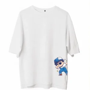 Unisex Bisiklet Yaka Baskılı Oversize T-Shirt - Beyaz