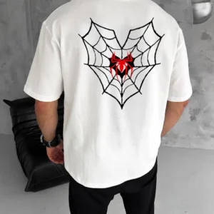 Alternative view of Unisex Bisiklet Yaka Baskılı Oversize T-Shirt - Beyaz