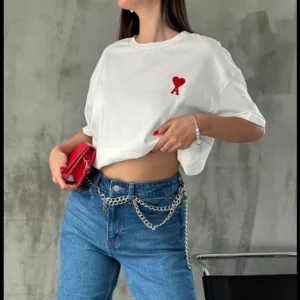 Alternative view of Unisex Bisiklet Yaka Baskılı Oversize T-Shirt - Beyaz