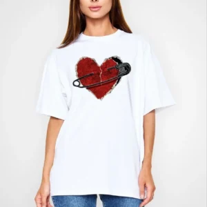 Unisex Bisiklet Yaka Baskılı Oversize T-Shirt - Beyaz