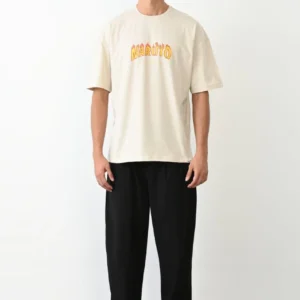 Unisex Bisiklet Yaka Baskılı Oversize T-Shirt - Beyaz