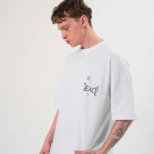 Unisex Bisiklet Yaka Baskılı Oversize T-Shirt - Beyaz