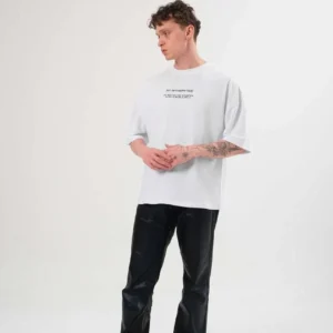 Unisex Bisiklet Yaka Baskılı Oversize T-Shirt - Beyaz