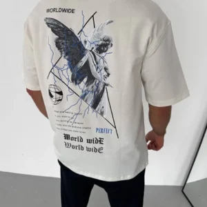 Alternative view of Unisex Bisiklet Yaka Baskılı Oversize T-Shirt - Beyaz