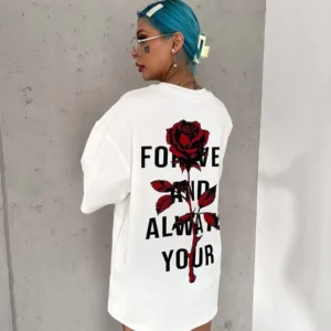 Alternative view of Unisex Bisiklet Yaka Baskılı Oversize T-Shirt - Beyaz