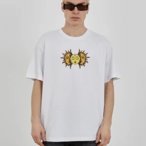 Unisex Bisiklet Yaka Baskılı Oversize T-Shirt - Beyaz