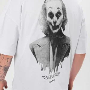 Alternative view of Unisex Bisiklet Yaka Baskılı Oversize T-Shirt - Beyaz