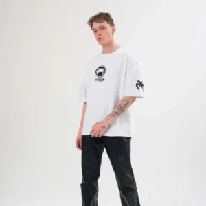 Unisex Bisiklet Yaka Baskılı Oversize T-Shirt - Beyaz