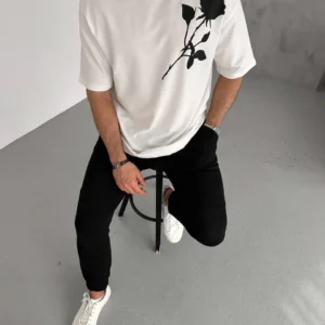 Alternative view of Unisex Bisiklet Yaka Baskılı Oversize T-Shirt - Beyaz