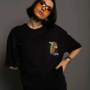 Unisex Bisiklet Yaka Baskılı Oversize T-Shirt - Siyah