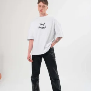 Alternative view of Unisex Bisiklet Yaka Baskılı Oversize T-Shirt - Beyaz