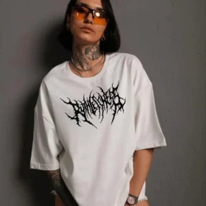 Alternative view of Unisex Bisiklet Yaka Baskılı Oversize T-Shirt - Beyaz