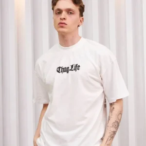 Unisex Bisiklet Yaka Baskılı Oversize T-Shirt - Beyaz