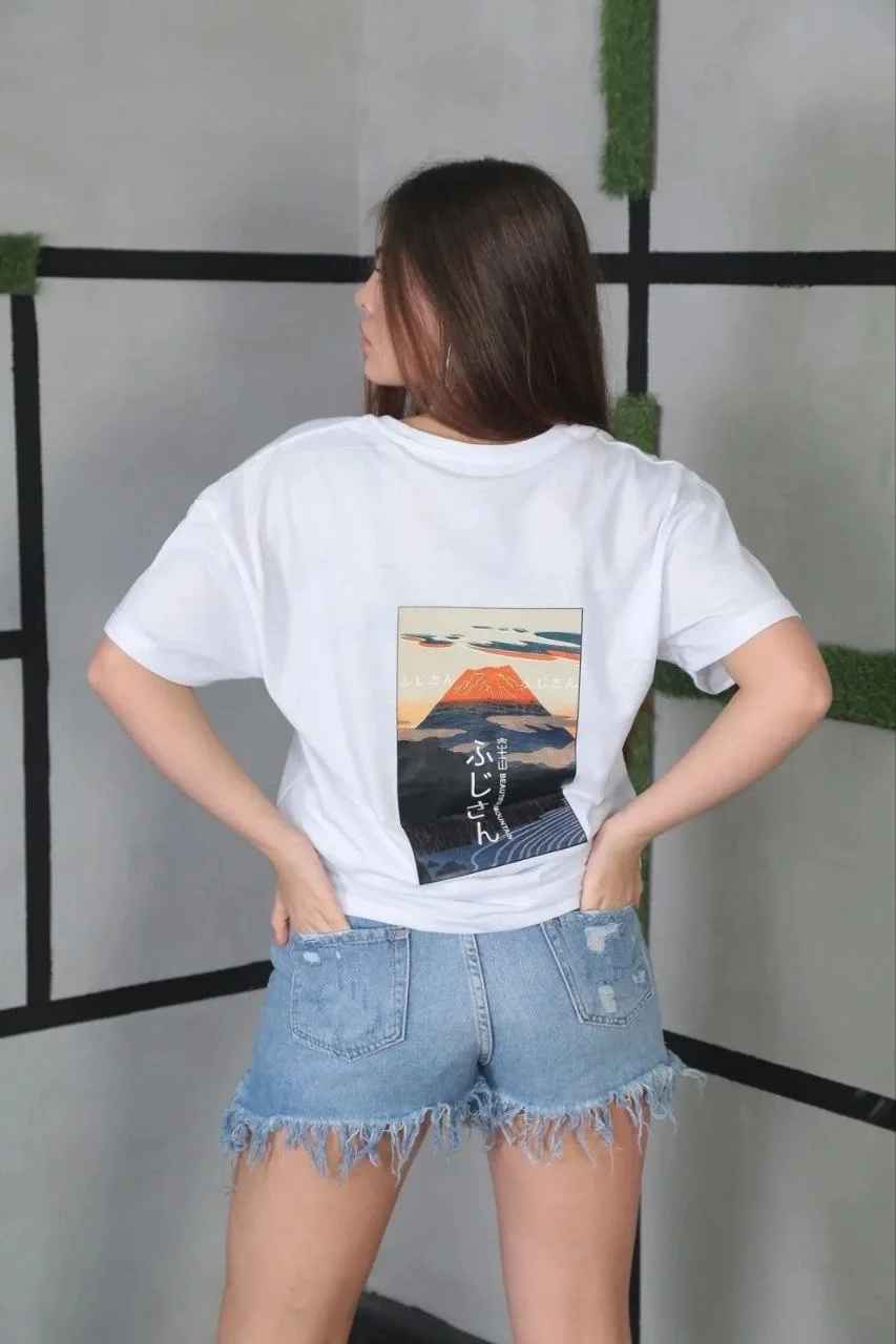 Unisex Bisiklet Yaka Baskılı Oversize T-Shirt- Beyaz - Görsel 2