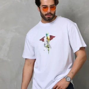 Alternative view of Unisex Bisiklet Yaka Baskılı Oversize T-Shirt - Beyaz