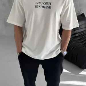 Unisex Bisiklet Yaka Baskılı Oversize T-Shirt - Beyaz