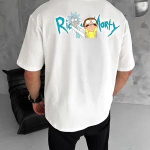 Alternative view of Unisex Bisiklet Yaka Baskılı Oversize T-Shirt - Beyaz