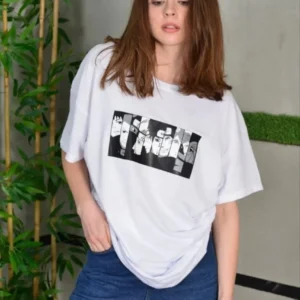 Alternative view of Unisex Bisiklet Yaka Baskılı Oversize T-Shirt - Beyaz