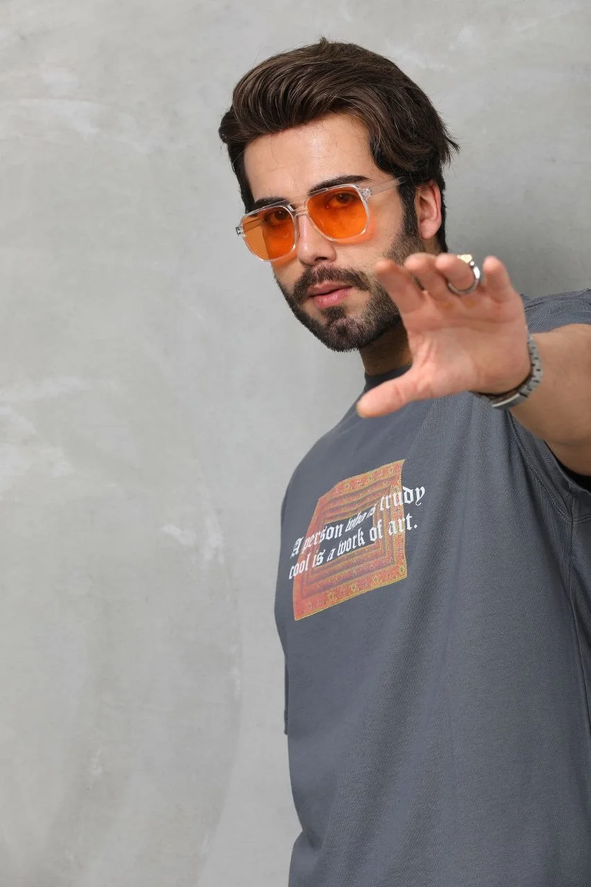 Unisex Bisiklet Yaka Baskılı Oversize T-Shirt - Füme - Görsel 5