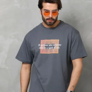 Unisex Bisiklet Yaka Baskılı Oversize T-Shirt - Füme