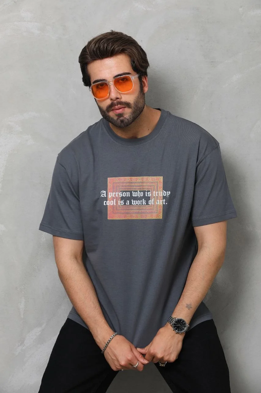 Unisex Bisiklet Yaka Baskılı Oversize T-Shirt - Füme - Görsel 6