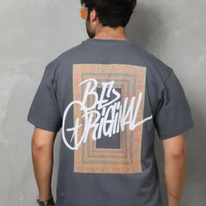 Alternative view of Unisex Bisiklet Yaka Baskılı Oversize T-Shirt - Füme