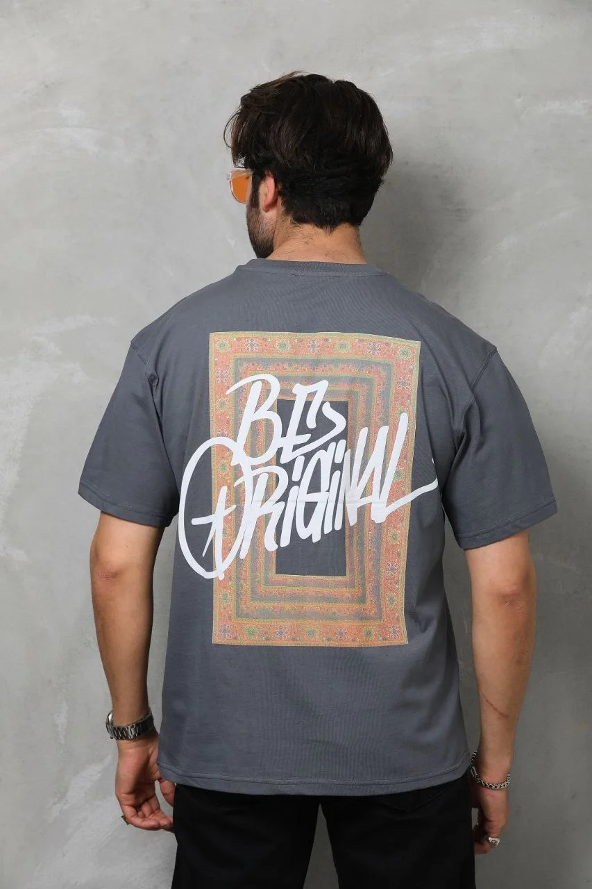 Unisex Bisiklet Yaka Baskılı Oversize T-Shirt - Füme - Görsel 2