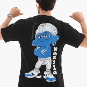 Alternative view of Unisex Bisiklet Yaka Baskılı Oversize T-Shirt - Siyah