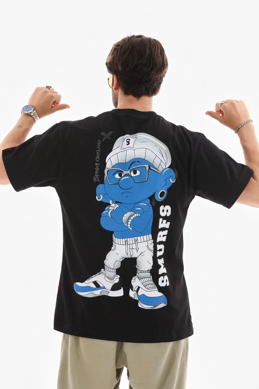 Unisex Bisiklet Yaka Baskılı Oversize T-Shirt - Siyah - Görsel 2