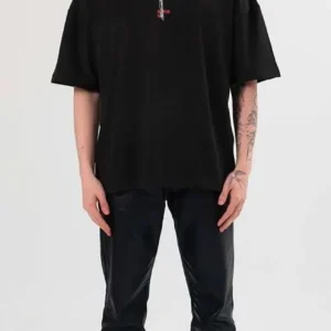 Unisex Bisiklet Yaka Baskılı Oversize T-Shirt - Siyah