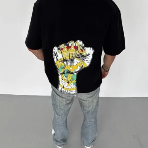 Alternative view of Unisex Bisiklet Yaka Baskılı Oversize T-Shirt - Siyah