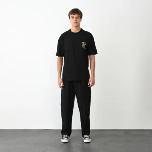 Unisex Bisiklet Yaka Baskılı Oversize T-Shirt - Siyah