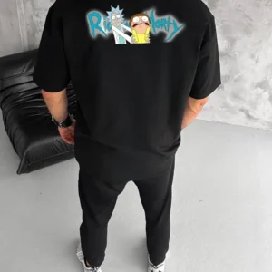 Alternative view of Unisex Bisiklet Yaka Baskılı Oversize T-Shirt - Siyah