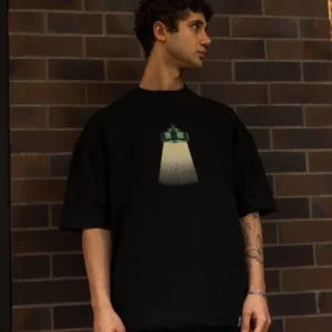 Unisex Bisiklet Yaka Baskılı Oversize T-Shirt - Siyah