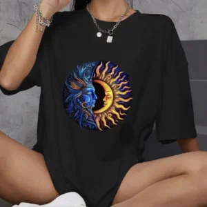 Unisex Bisiklet Yaka Baskılı Oversize T-Shirt - Siyah