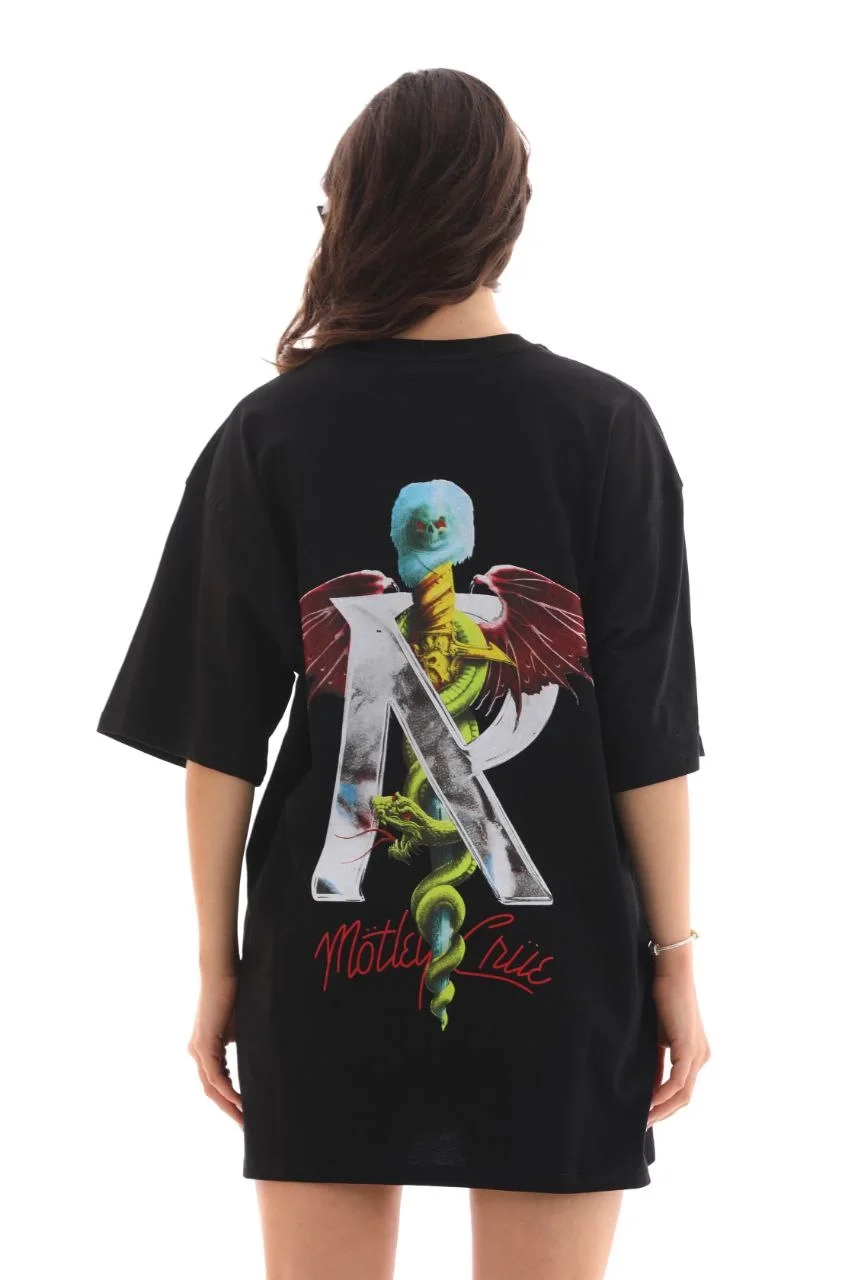 Unisex Bisiklet Yaka Baskılı Oversize T-Shirt - Siyah - Görsel 6