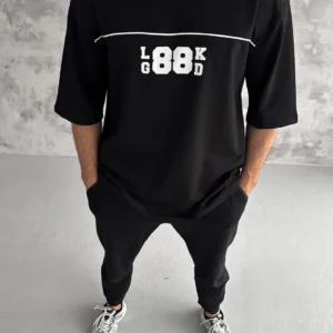 Unisex Bisiklet Yaka Baskılı Oversize T-Shirt - Siyah