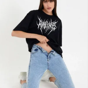 Alternative view of Unisex Bisiklet Yaka Baskılı Oversize T-Shirt - Siyah