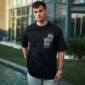 Unisex Bisiklet Yaka Baskılı Oversize T-Shirt - Siyah