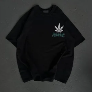 Unisex Bisiklet Yaka Baskılı Oversize T-Shirt - Siyah