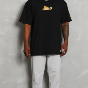 Unisex Bisiklet Yaka Baskılı Oversize T-Shirt - Siyah