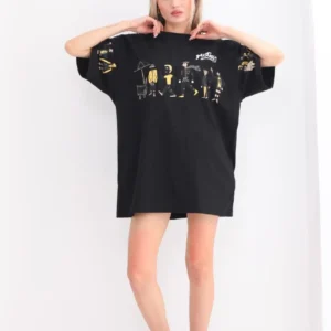 Unisex Bisiklet Yaka Baskılı Oversize T-Shirt - Siyah