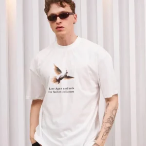 Unisex Bisiklet Yaka Baskılı Oversize T-Shirt - Siyah