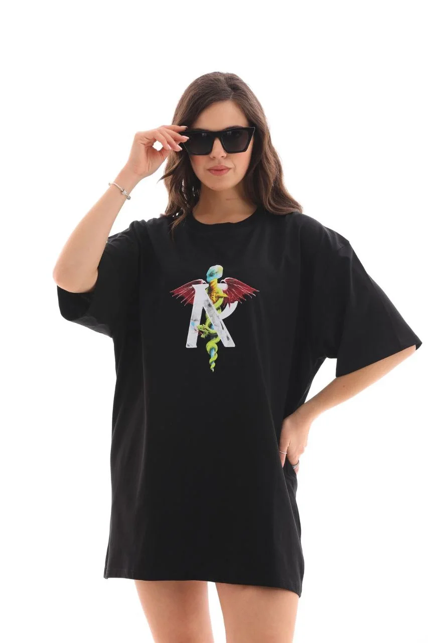 Unisex Bisiklet Yaka Baskılı Oversize T-Shirt - Siyah - Görsel 4