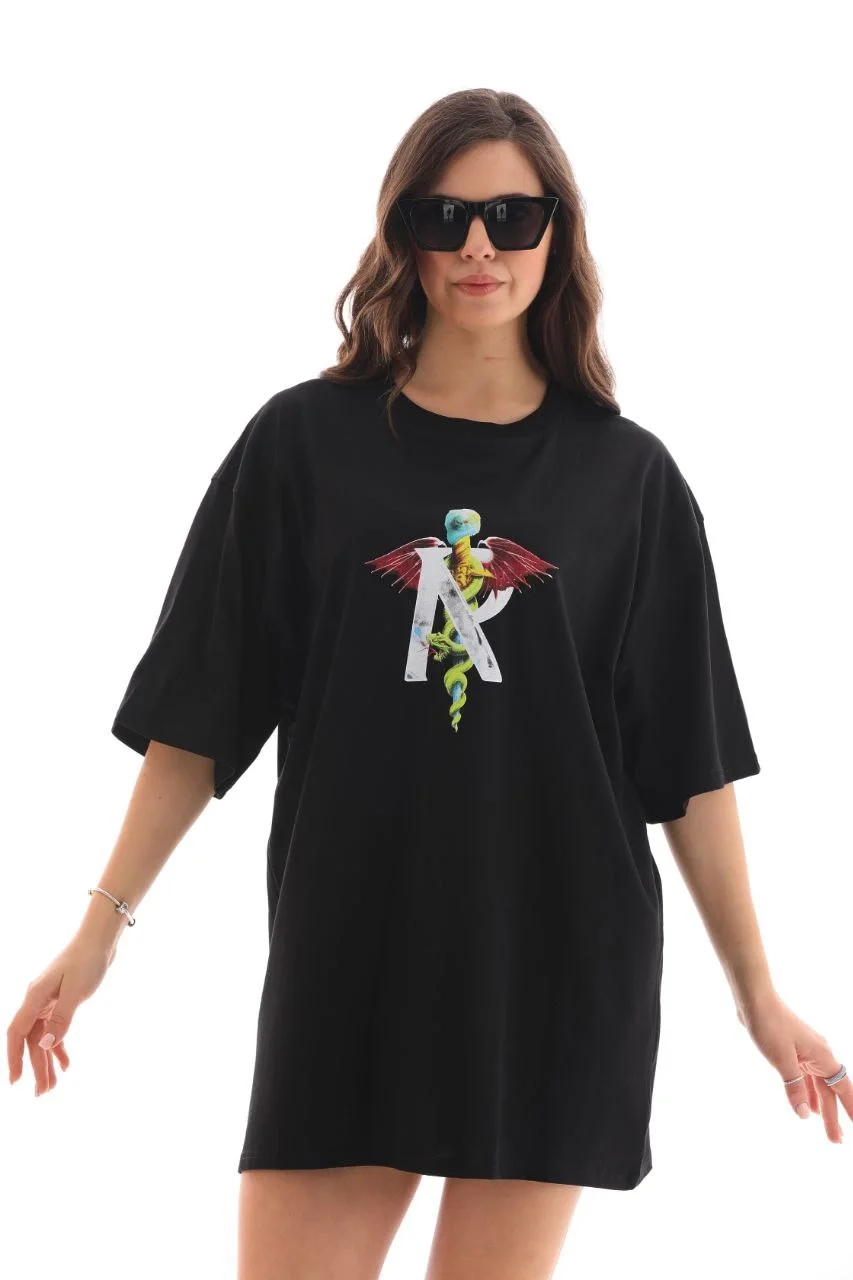 Unisex Bisiklet Yaka Baskılı Oversize T-Shirt - Siyah - Görsel 7