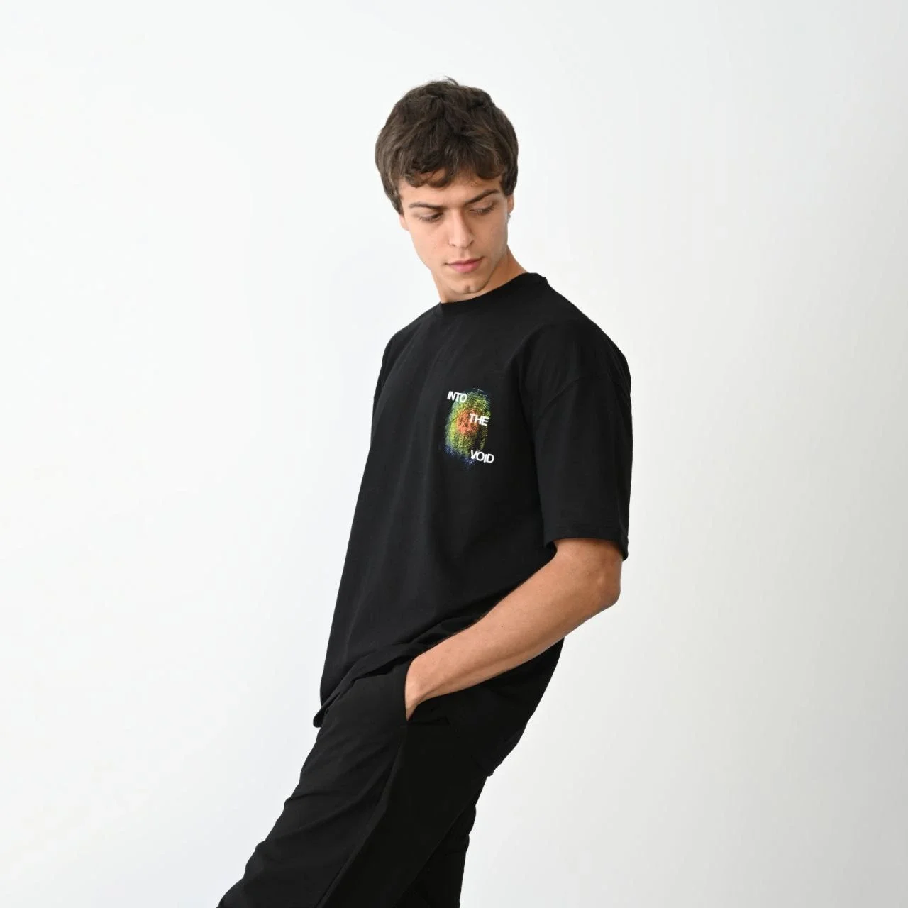 Unisex Bisiklet Yaka Baskılı Oversize T-Shirt - Siyah - Görsel 3